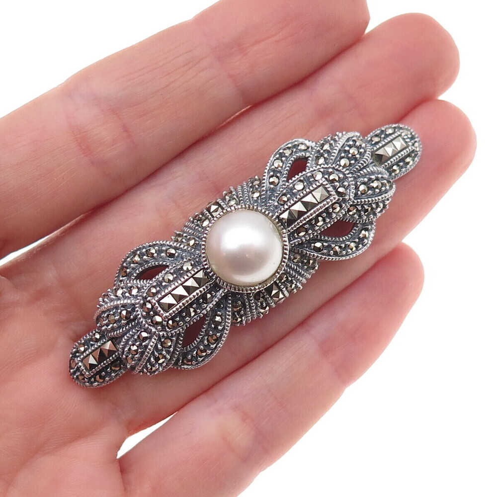 Judith Jack 925 Sterling Silver Vintage Real Marcasite & Faux Pearl Pin Brooch